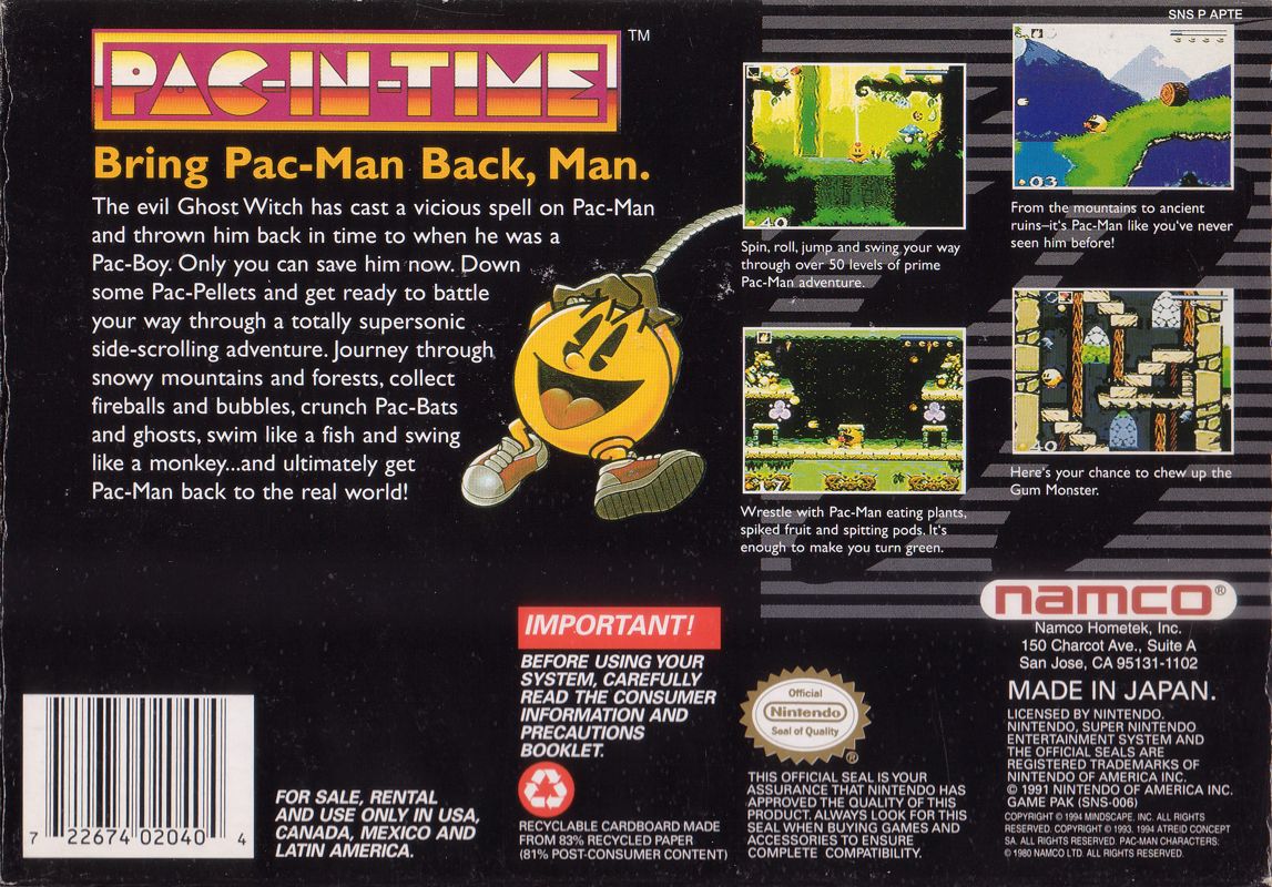 Back Cover for Pac-in-Time (SNES)