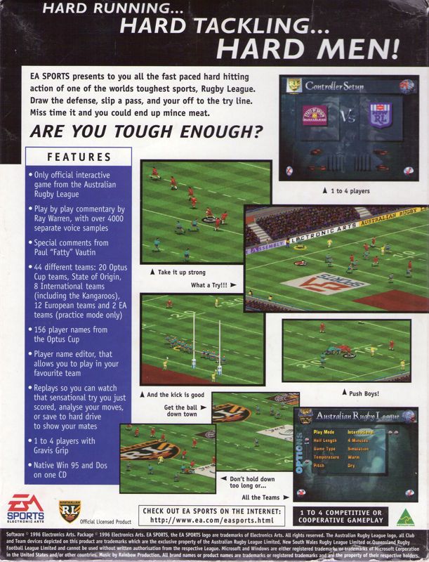 Back Cover for International Rugby League (DOS and Windows)