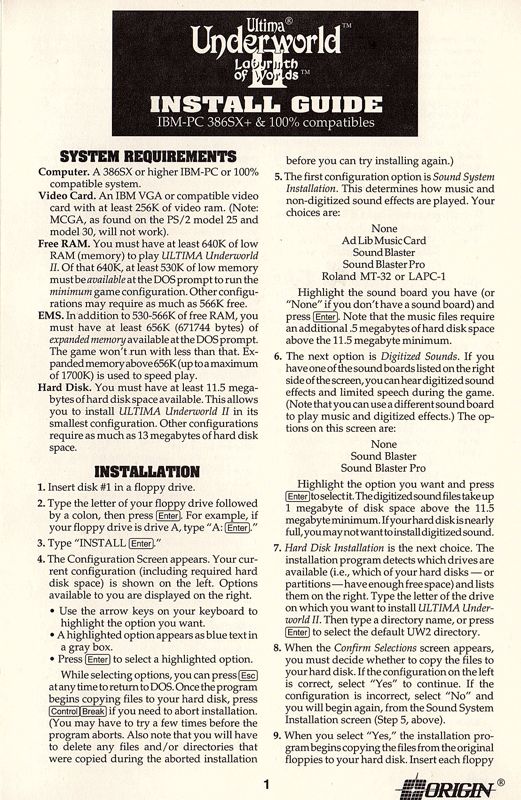 Reference Card for Ultima Underworld II: Labyrinth of Worlds (DOS): Install Guide
