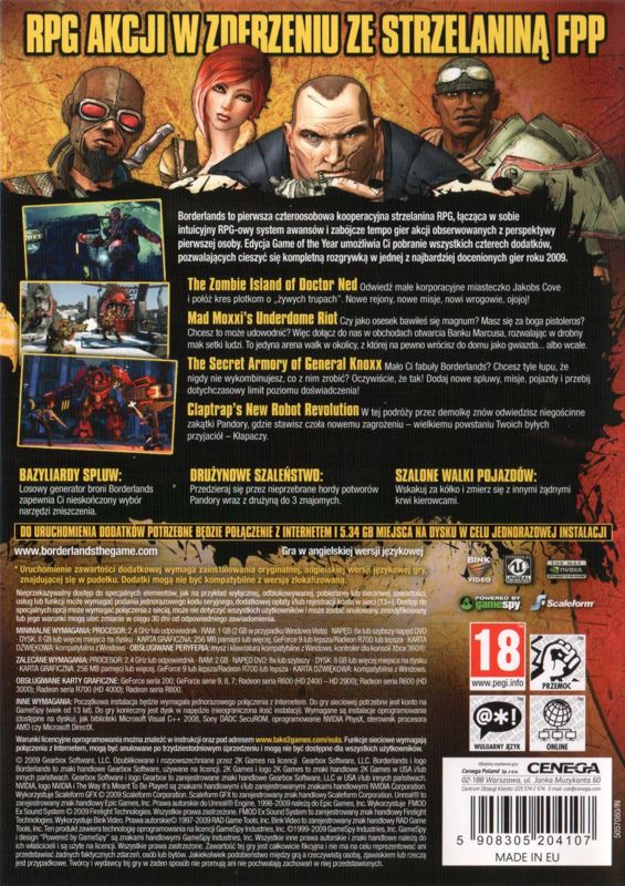 Back Cover for Borderlands: Game of the Year Edition (Windows)