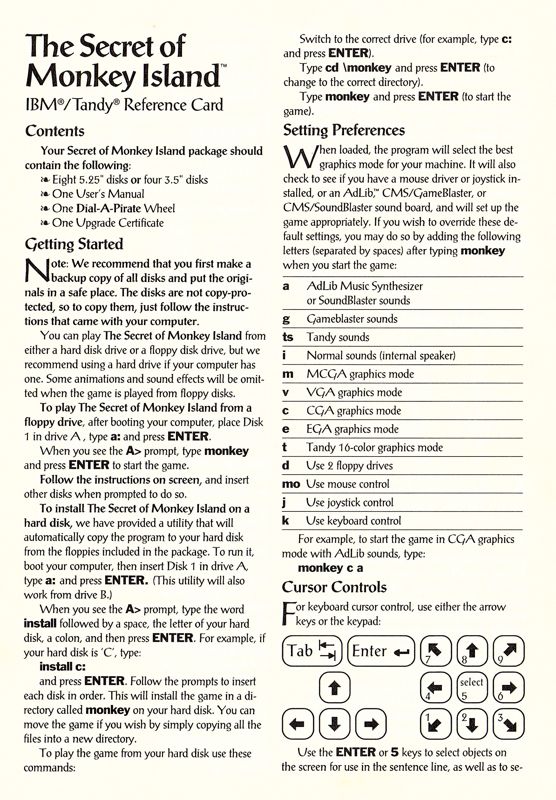Reference Card for The Secret of Monkey Island (DOS) (EGA 3.5" disk version)