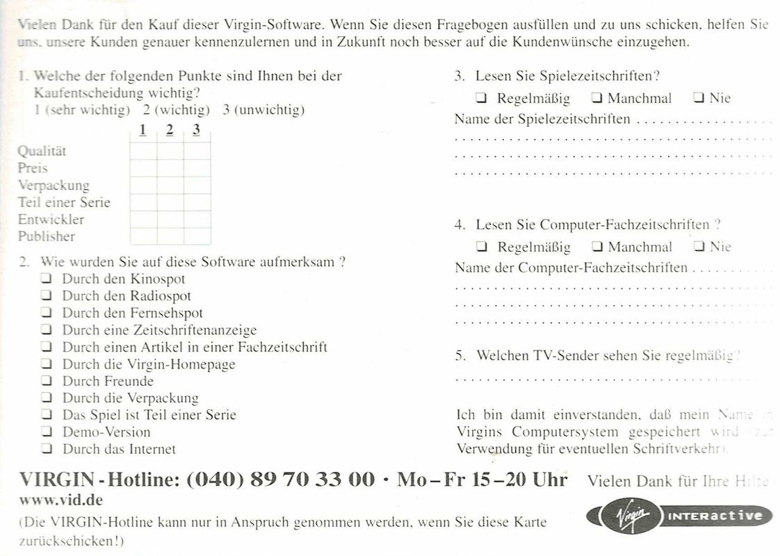 Extras for Freespace 2 (Windows): Registration Card - Back