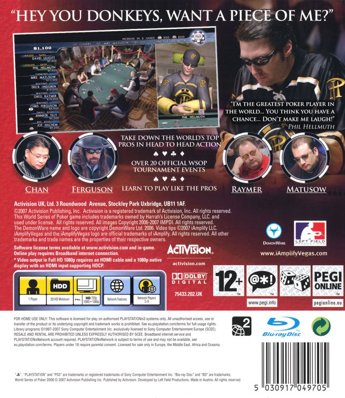 Back Cover for World Series of Poker 2008: Battle for the Bracelets (PlayStation 3)