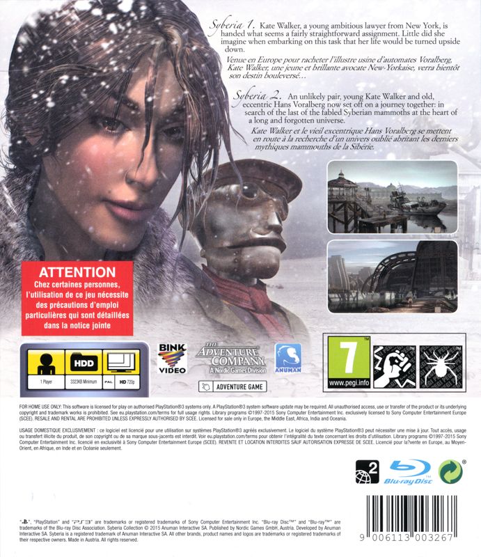 Back Cover for Syberia: Collectors Edition I & II (PlayStation 3)