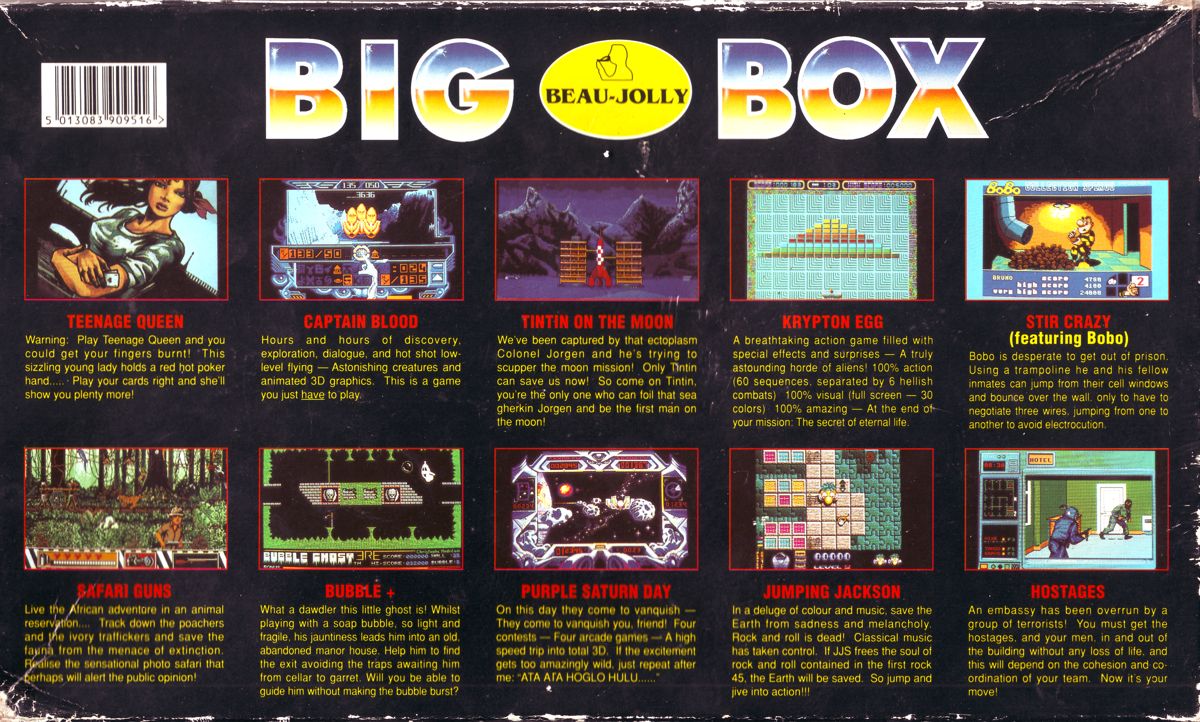 Back Cover for Big Box (Amiga) (Included in the box : a survey for Beau-Jolly and a single manual to start and understand the controls for each game in the package.)