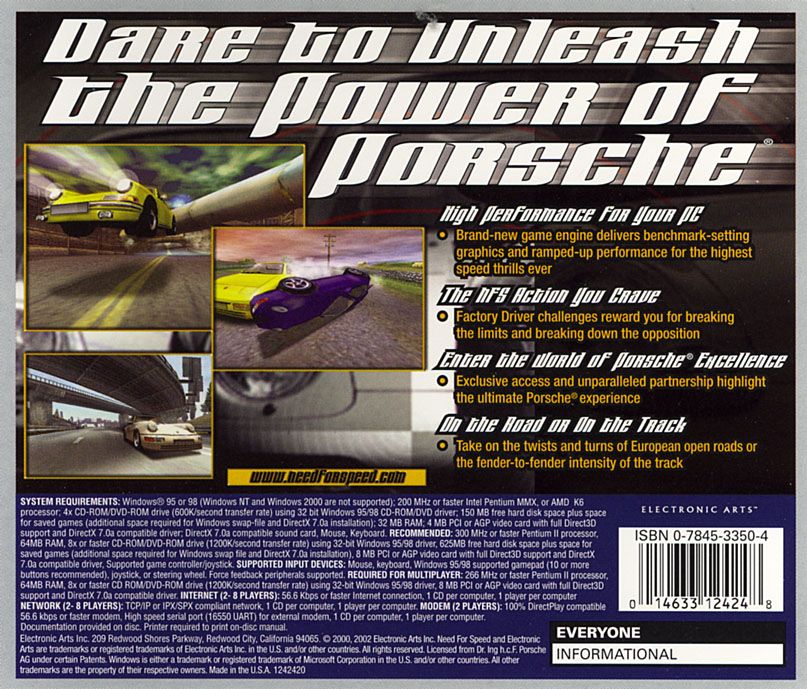 Back Cover for Need for Speed: Porsche Unleashed (Windows) (EA Classics release)
