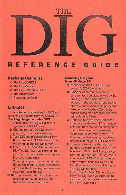 Reference Card for The Dig (DOS)