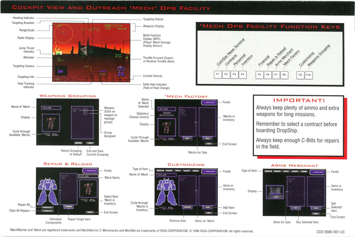 Reference Card for MechWarrior 2: Mercenaries (DOS and Windows): Front
