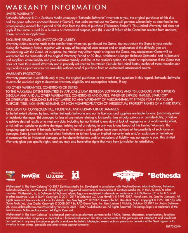 Manual for Wolfenstein II: The New Colossus (PlayStation 4): Back