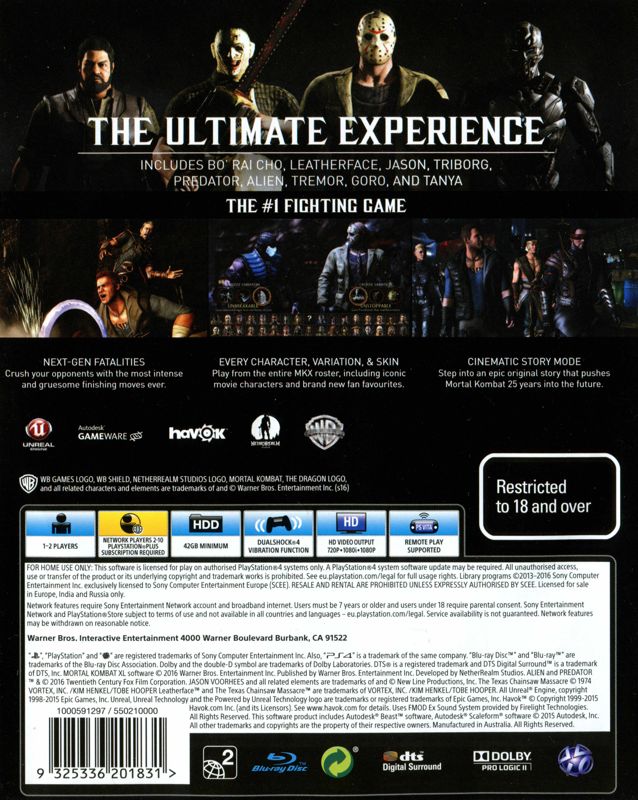 Back Cover for Mortal Kombat XL (PlayStation 4)