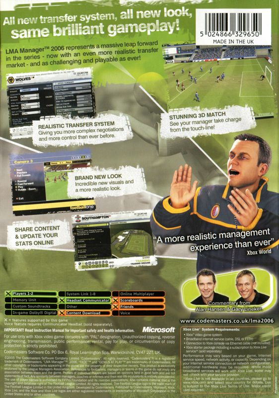 Back Cover for LMA Manager 2006 (Xbox)