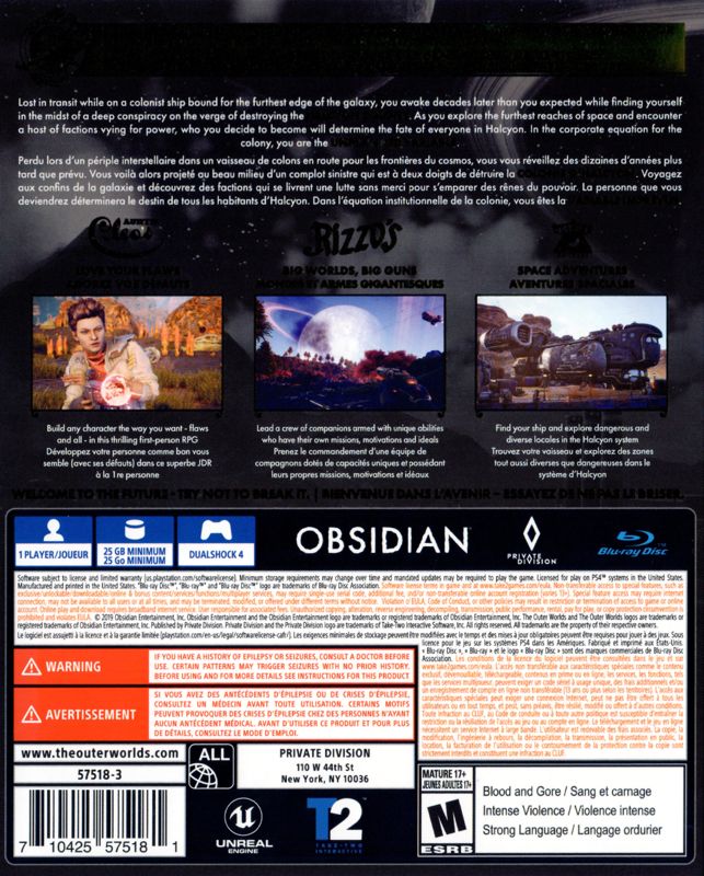 Back Cover for The Outer Worlds (PlayStation 4)