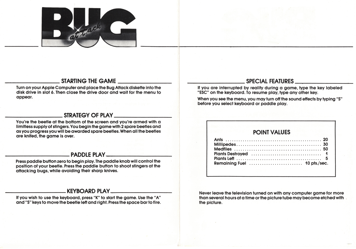 Inside Cover for Bug Attack (Apple II)