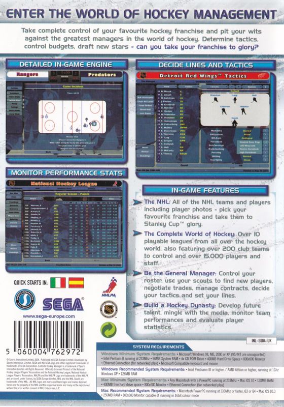 Back Cover for NHL Eastside Hockey Manager (Macintosh and Windows)