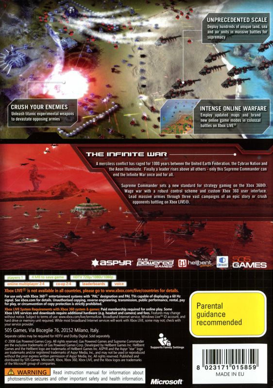 Back Cover for Supreme Commander (Xbox 360)