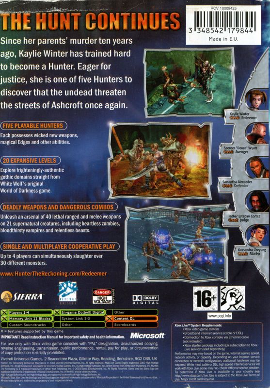 Back Cover for Hunter: The Reckoning - Redeemer (Xbox)