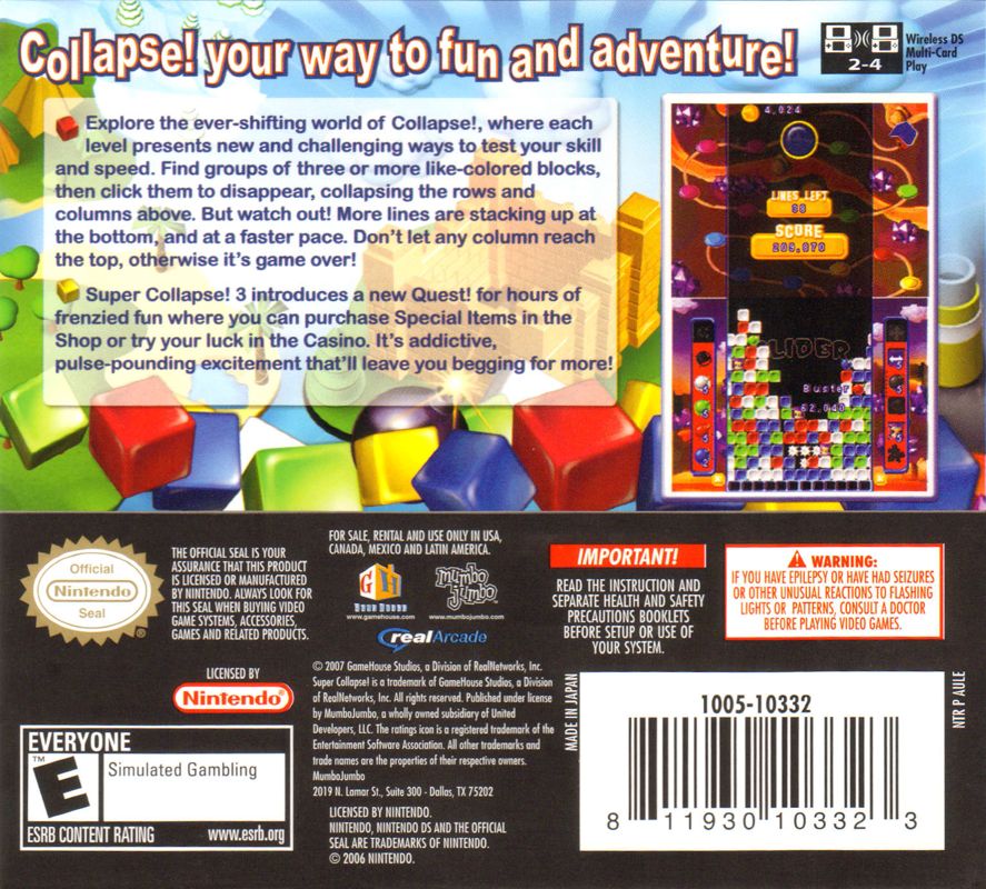 Back Cover for Super Collapse! 3 (Nintendo DS)