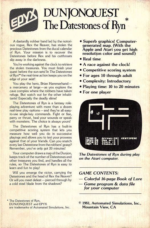 Back Cover for Dunjonquest: The Datestones of Ryn (Apple II)