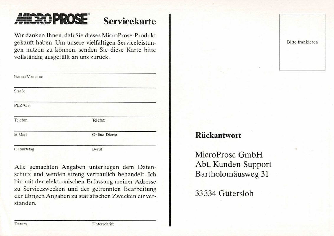 Extras for The Best of Microprose Strategy (DOS and Windows): Registration Card - Back