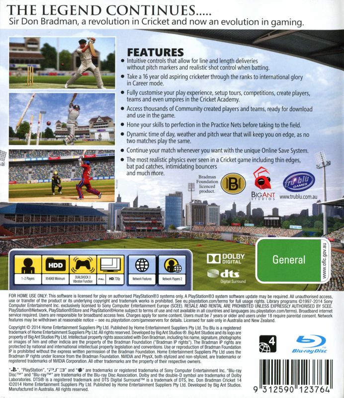 Back Cover for Don Bradman Cricket 14 (PlayStation 3)
