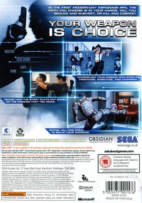 Back Cover for Alpha Protocol (Xbox 360)