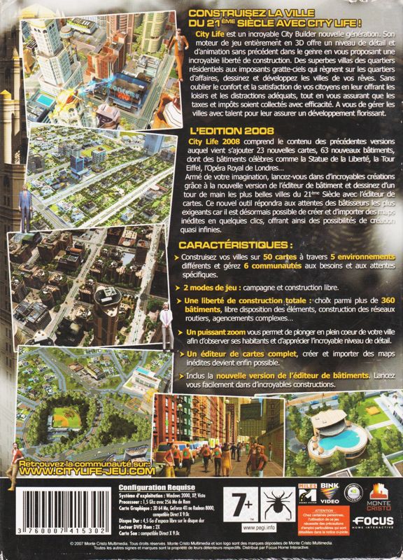 Back Cover for City Life: 2008 Edition (Windows)