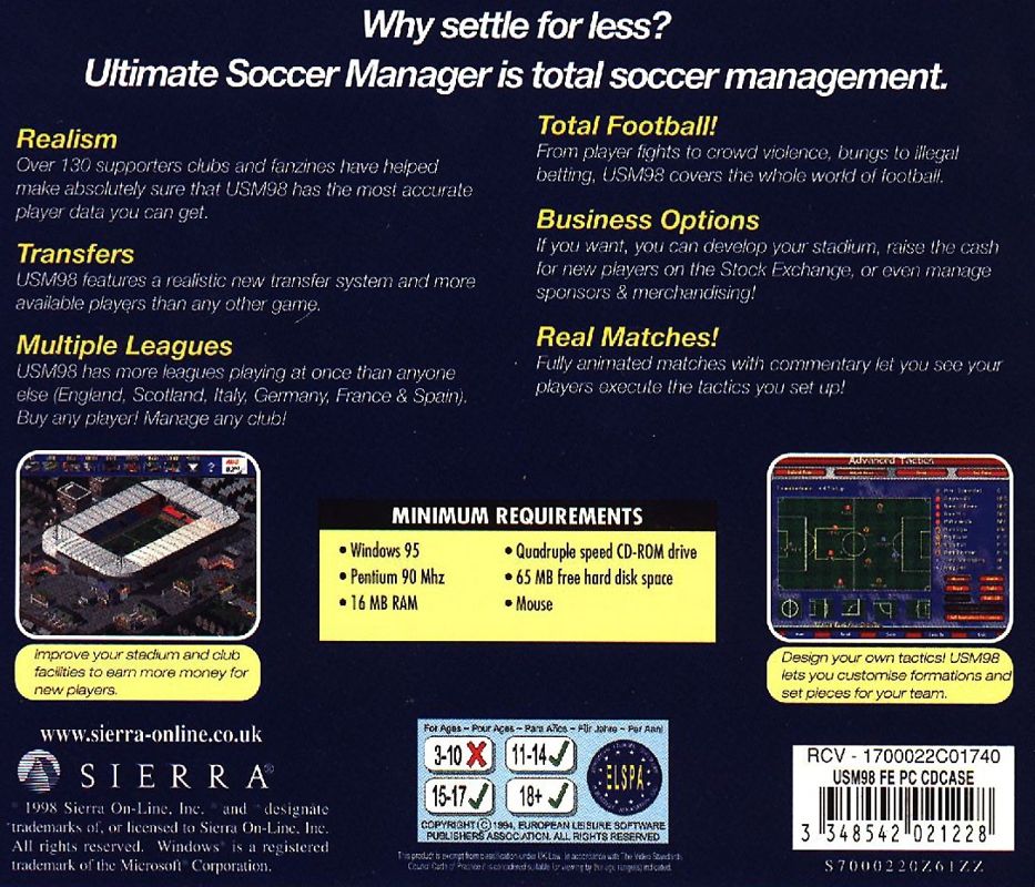 Back Cover for Ultimate Soccer Manager 98 (Windows)