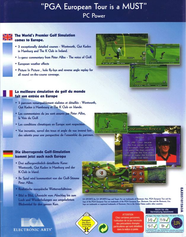 Back Cover for PGA European Tour (DOS) (Electronic Arts Classics release)