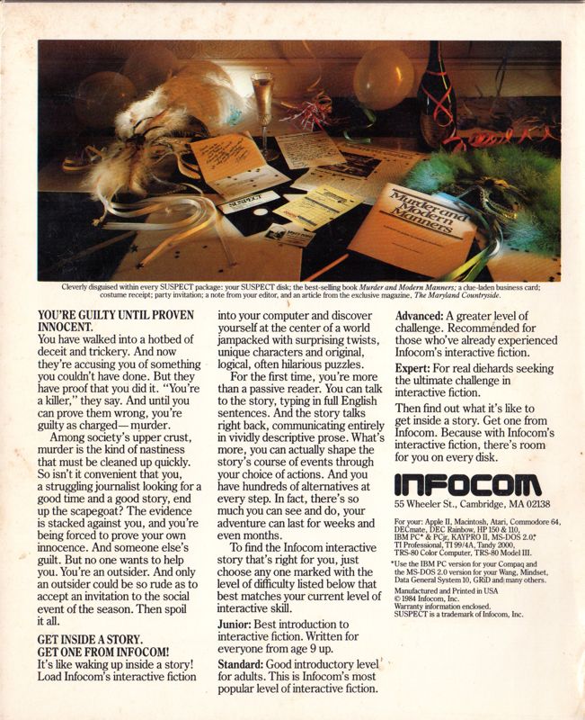 Back Cover for Suspect (Atari 8-bit)