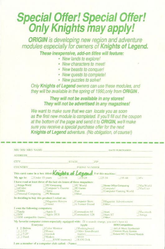 Advertisement for Knights of Legend (Commodore 64): Back