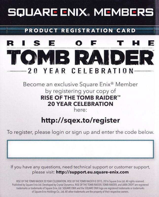 Extras for Rise of the Tomb Raider: 20 Year Celebration (PlayStation 4): Registration Card - Front