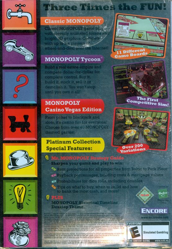 Back Cover for Monopoly Platinum Collection (Windows)