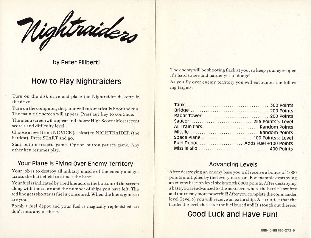 Inside Cover for Nightraiders (Atari 8-bit)