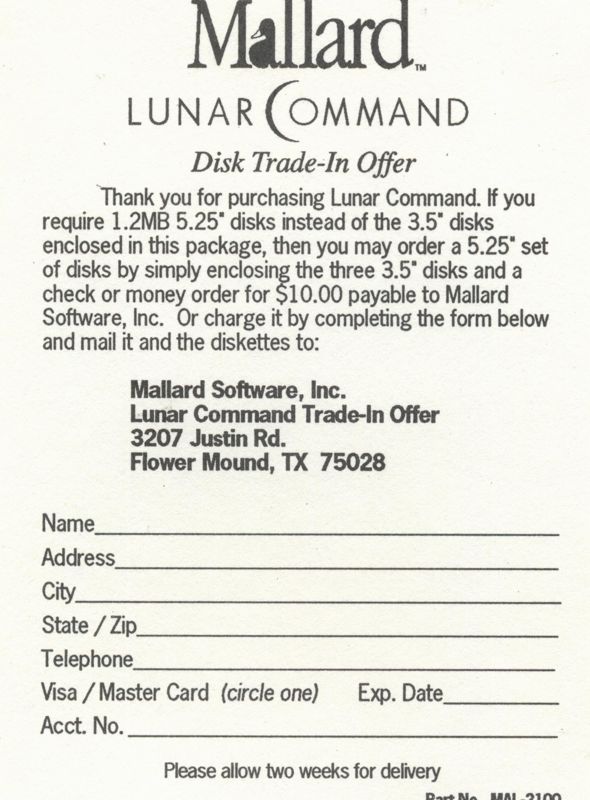 Advertisement for Lunar Command (DOS): disk trade-in offer