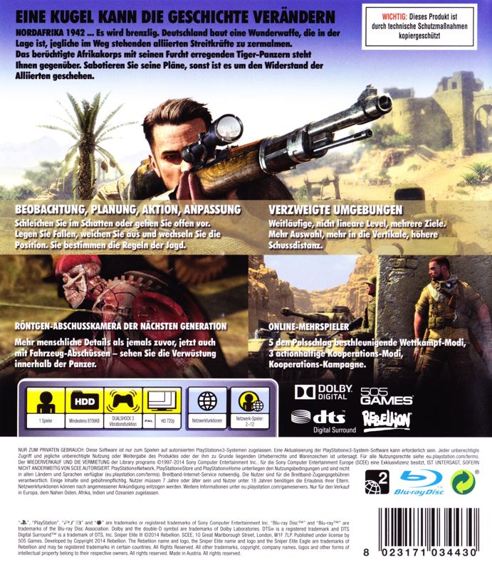 Back Cover for Sniper Elite III: Afrika (PlayStation 3)