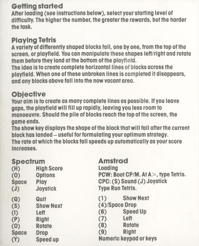 Inside Cover for Tetris (ZX Spectrum): reverse front cover