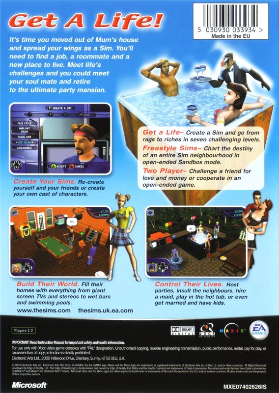 Back Cover for The Sims (Xbox)