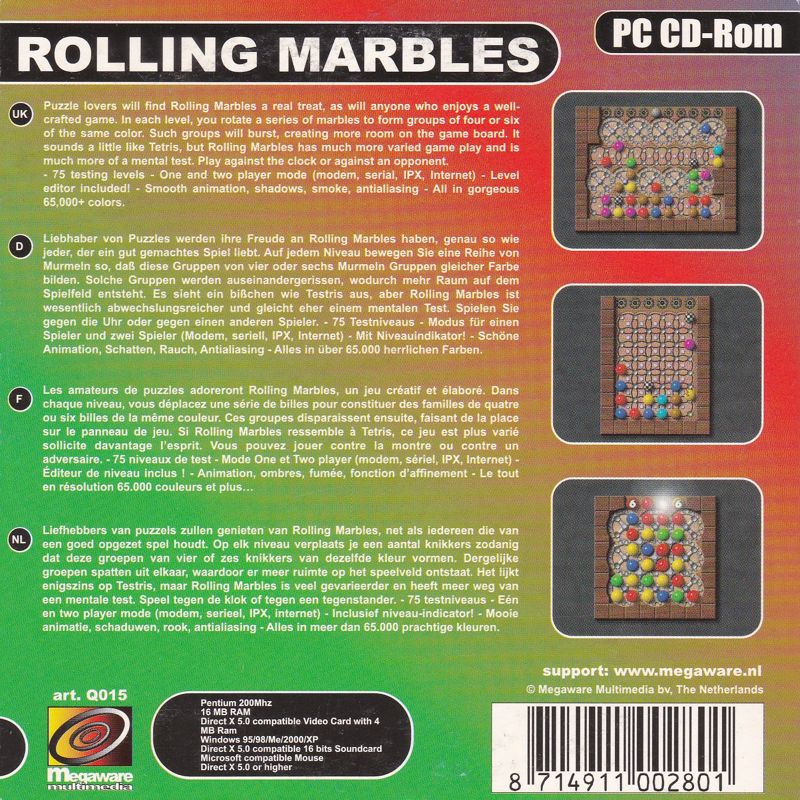 Back Cover for Rolling Marbles (Windows) (Megaware release)