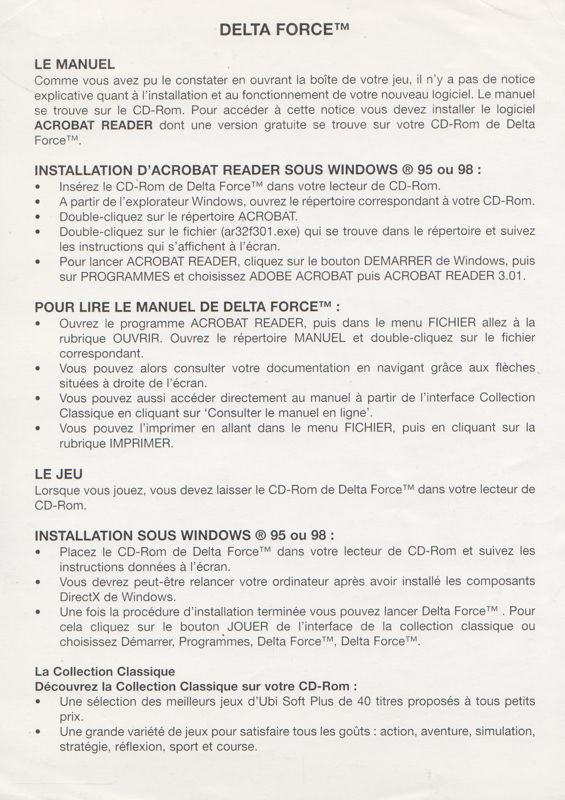 Extras for Delta Force (Windows) ("Collection Classique" release (Ubi Soft 2000)): Sheet - Front (back is blank)