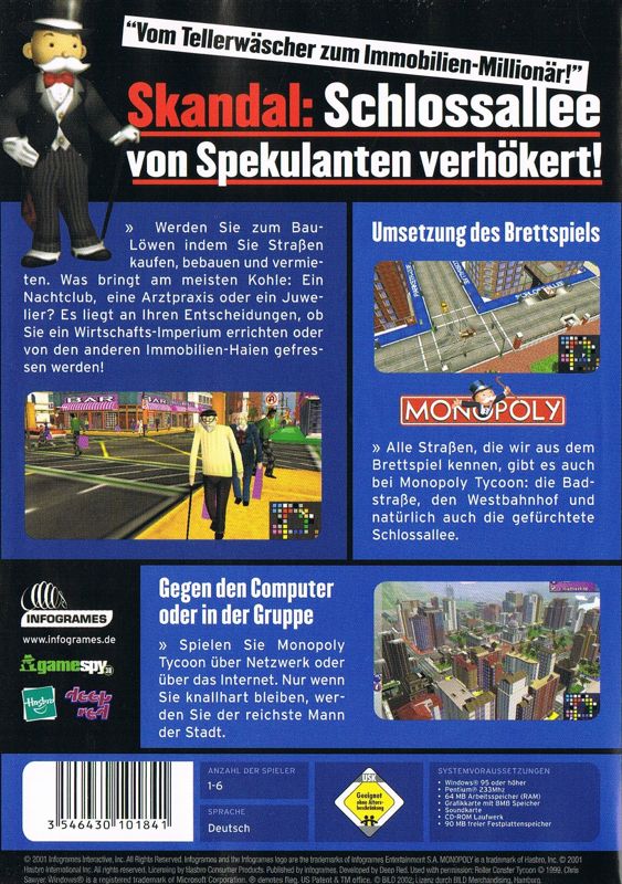 Back Cover for Monopoly Tycoon (Windows) (Bild Hit Games release)