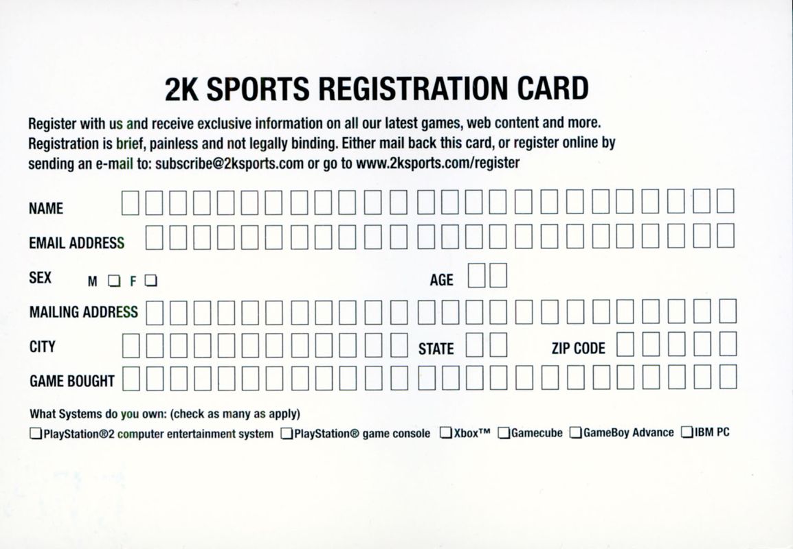 Extras for World Poker Tour (Xbox): Registration Card (Back)