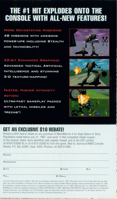 Advertisement for MechWarrior 2: 31st Century Combat (DOS and Windows) (Version 1.1): MechWarrior 2 Sega Saturn/PlayStation Rebate Offer - Back