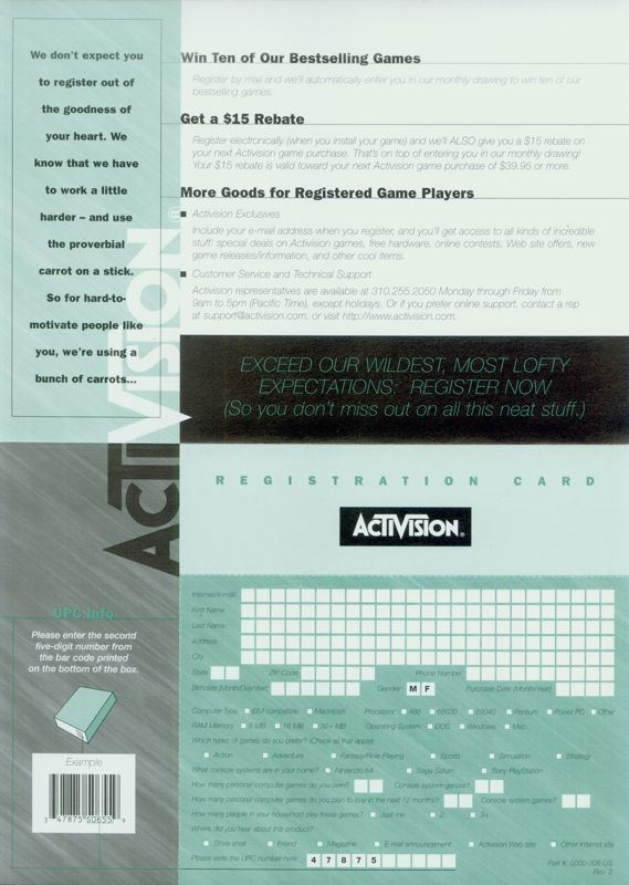 Extras for MechWarrior 2: 31st Century Combat (DOS and Windows) (Version 1.1): Registration Card - Back