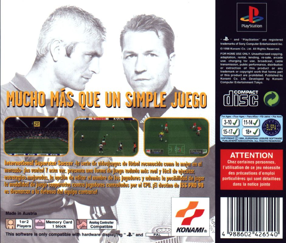 Back Cover for International Superstar Soccer Pro '98 (PlayStation)