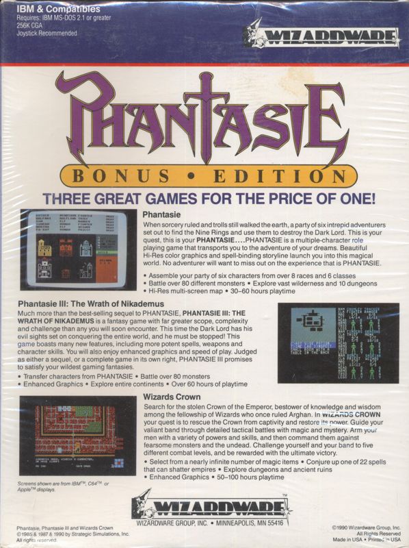 Back Cover for Phantasie: Bonus Edition (DOS) (This variant has Wizards Crown instead of Questron2 as third game.)