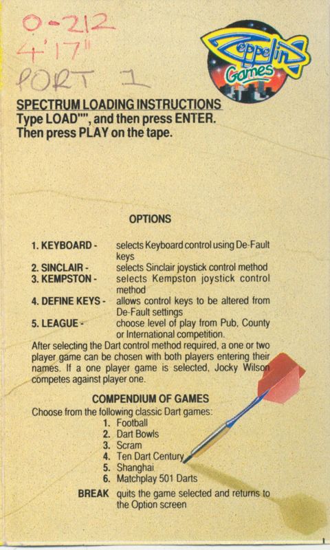 Inside Cover for Jocky Wilson's Compendium of Darts (ZX Spectrum)