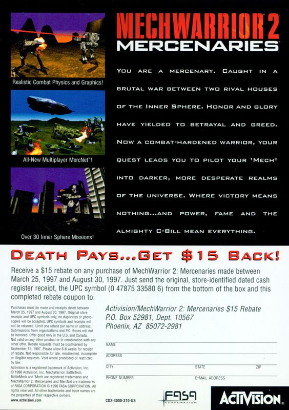Advertisement for MechWarrior 2: 31st Century Combat (DOS and Windows) (Version 1.1): MechWarrior 2 Mercenaries PC Rebate Offer - Back