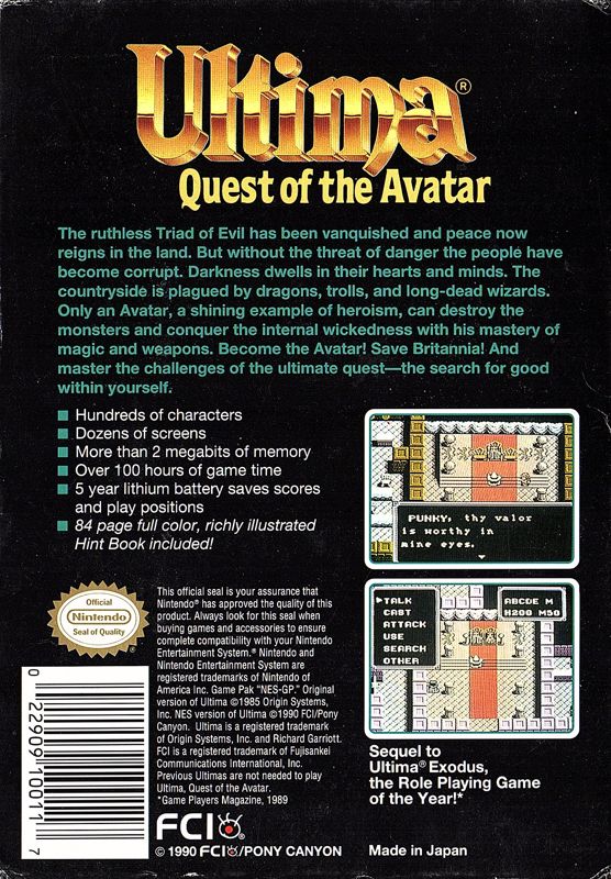 Back Cover for Ultima IV: Quest of the Avatar (NES)