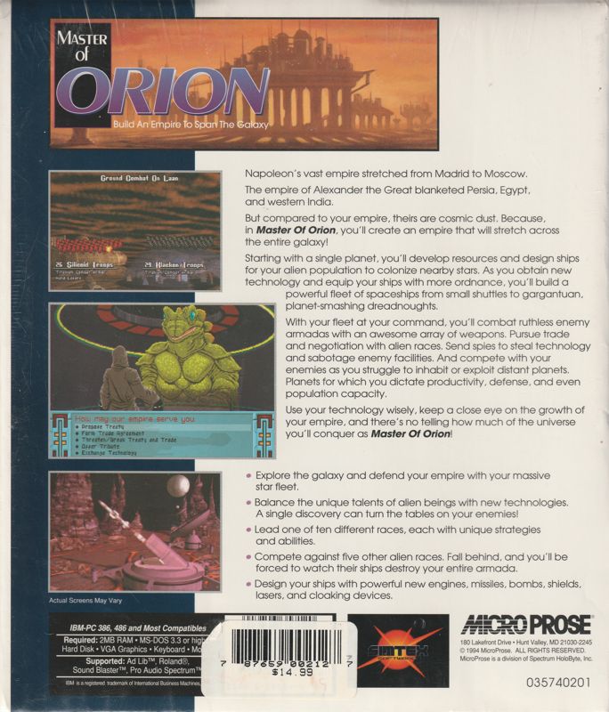 Back Cover for Master of Orion (DOS) (Original CD-ROM release)