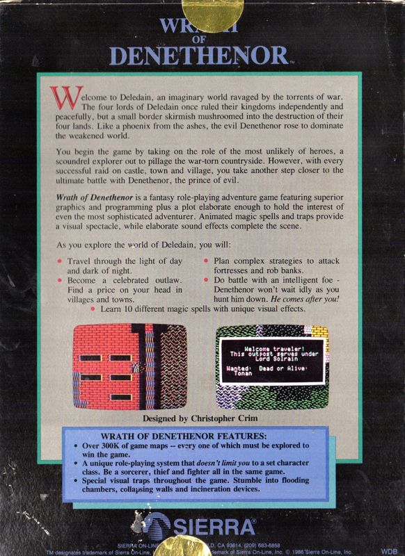 Back Cover for Wrath of Denethenor (Apple II)